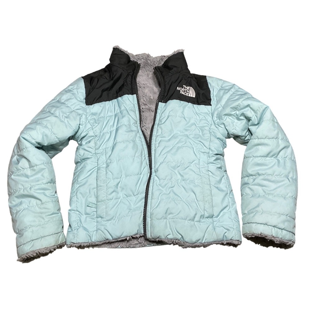 The North Face Jacket Girls XS 6 Reversible Puffer Fleece Blue Grey Black Quilt